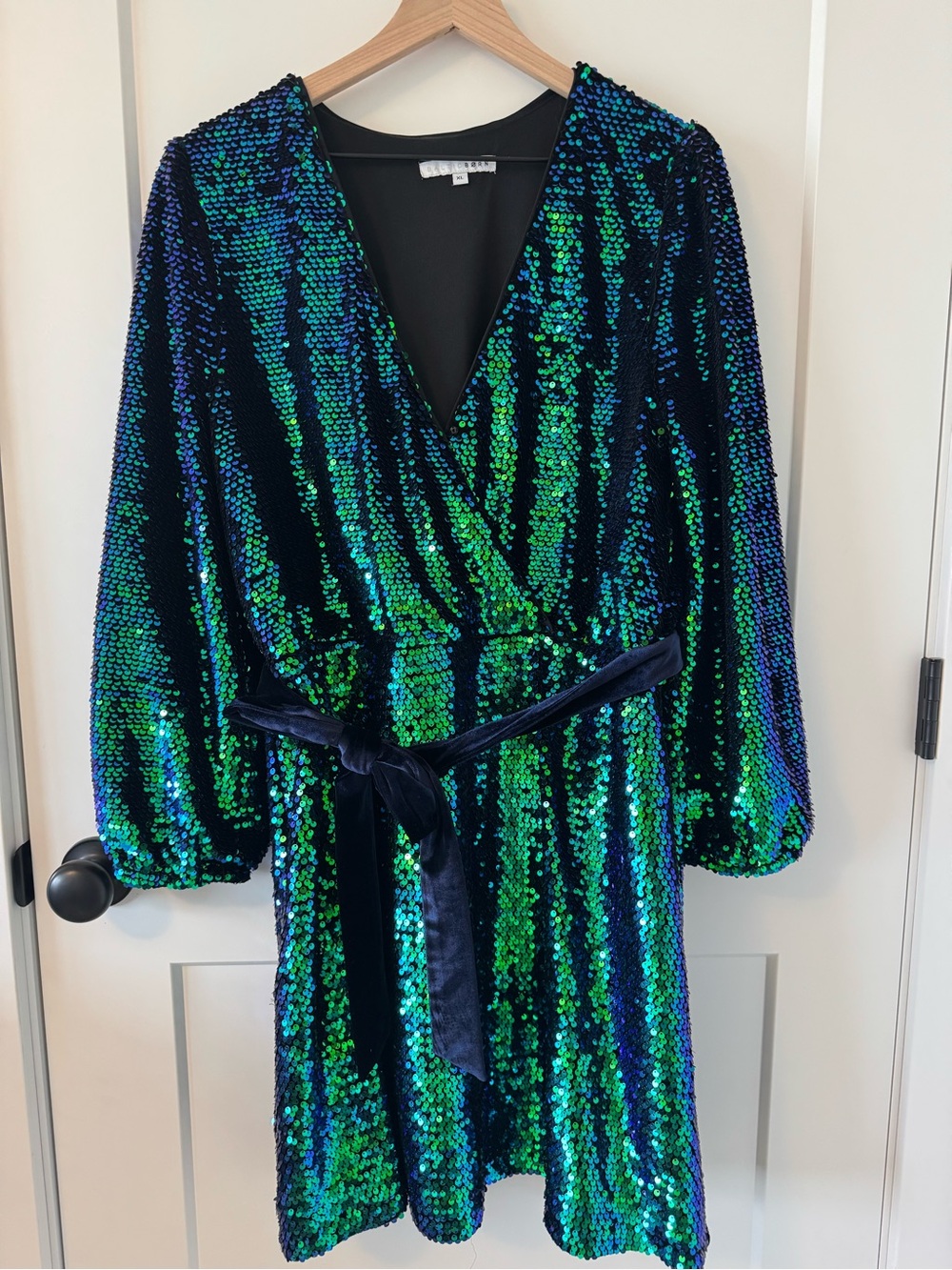 Baltic Born Blue Green Sequin Long Sleeve Wrap Dress, Size XL